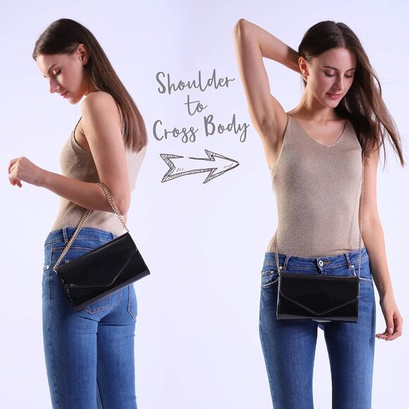 Glossy Envelope Evening Clutch Faux Patent Leather Women Chain Shoulder Bag Soli - Picture 4 of 7